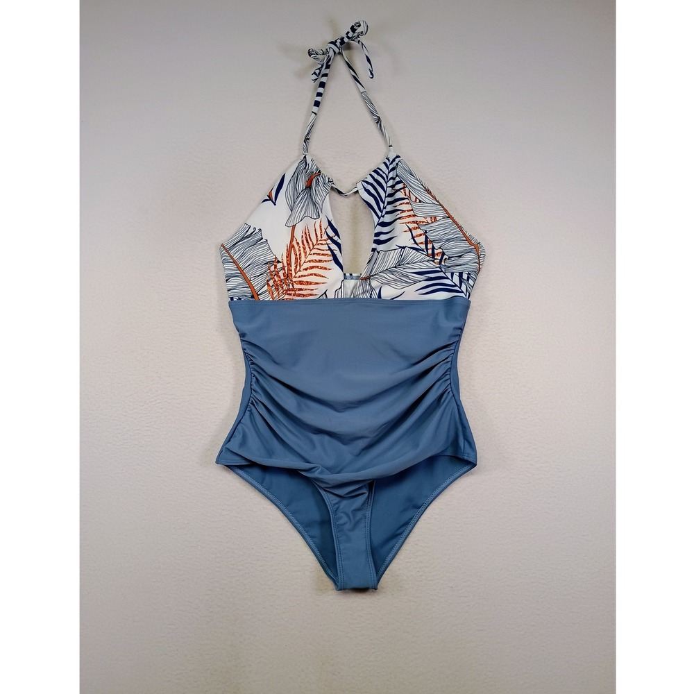 Tropical‎ Floral Womens Size M Blue Ruched Halter Keyhole One Piece Swim